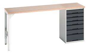 verso pedestal bench with 7 drawer 525W cab & mpx worktop. WxDxH: 2000x600x930mm. RAL 7035/5010 or selected Verso Pedastal Benches with Drawer / Cupboard Unit